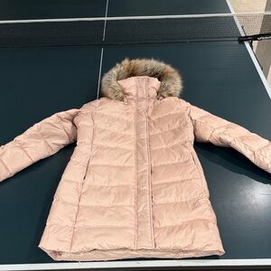 Lands' End Rose Gold Puffer Jacket with Faux Fur Hood